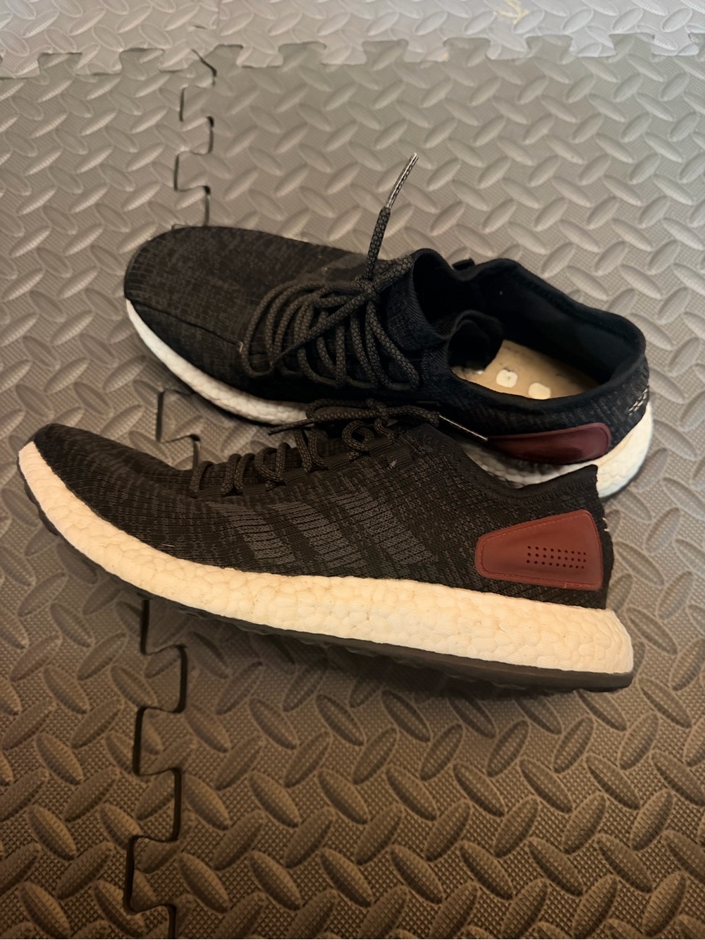 adidas Black pureboost Sneakers with White Midsole and maroon Heel Patch